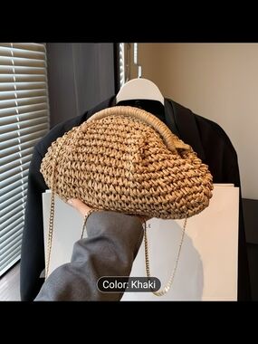 Woven Khaki Straw Clutch with Gold Chain Strap
